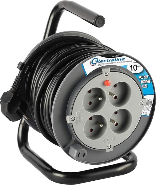 Rallonge Prolongateur électrique 10M/15M avec enrouleur 4 Prises 16 A section 3G1,5 mm² Gris