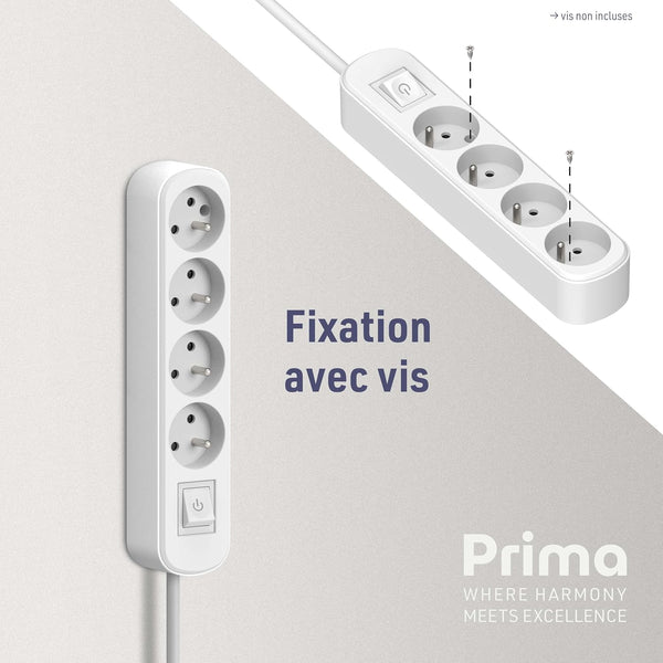 Bloc 4 prises avec interrupteur/fiche plate 1,5m, Blanc/Noir