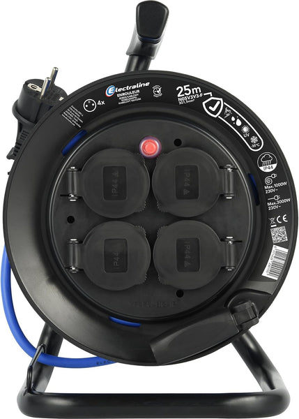 Rallonge Prolongateur électrique Outdoor Profesionnelle avec Enrouleur 25M, Câble spécial AT-N05V3V3-F 3G1.5, utilisable jusqu'à -35 °C, résistant aux UV, huiles, 4 Prises 16A IP44