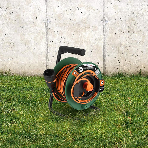 Rallonge Prolongateur Jardin avec Enrouleur 20m/40m, 2x1.5 mm avec prise européenne Electralock équipée d'un système de verrouillage, Noir / Orange