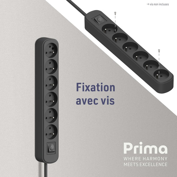 Bloc 6 prises avec interrupteur/fiche plate 1,5m Blanc/Noir