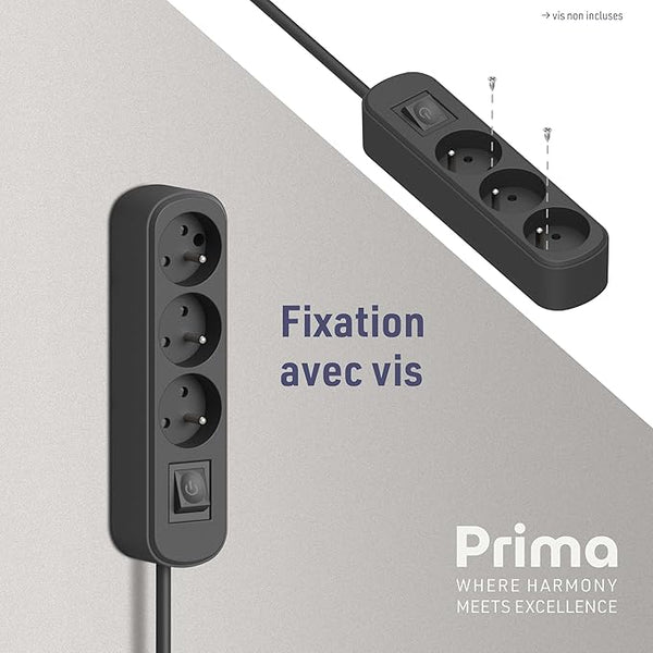 Bloc Multiprises 3 prises, interrupteur et fiche Plate - 1,5m, Noir/Blanc