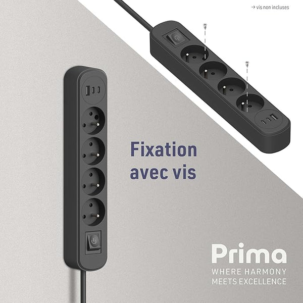 Electraline 35621 Bloc Multiprise Prima 4 Prises 16A + 3 USB (1 USB A + 2 USB C PD20W) avec Interrupteur, Câble 1.5M, Blanc/Noir