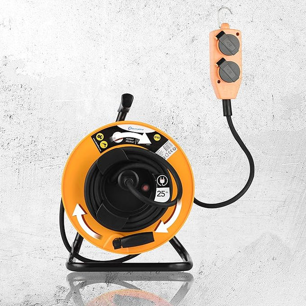 Enrouleur Electrique Professional, 3G2,5mm, 25 MT, avec Bloc 4 Prises Mobile, Platin Fixe, Jaune/Noir